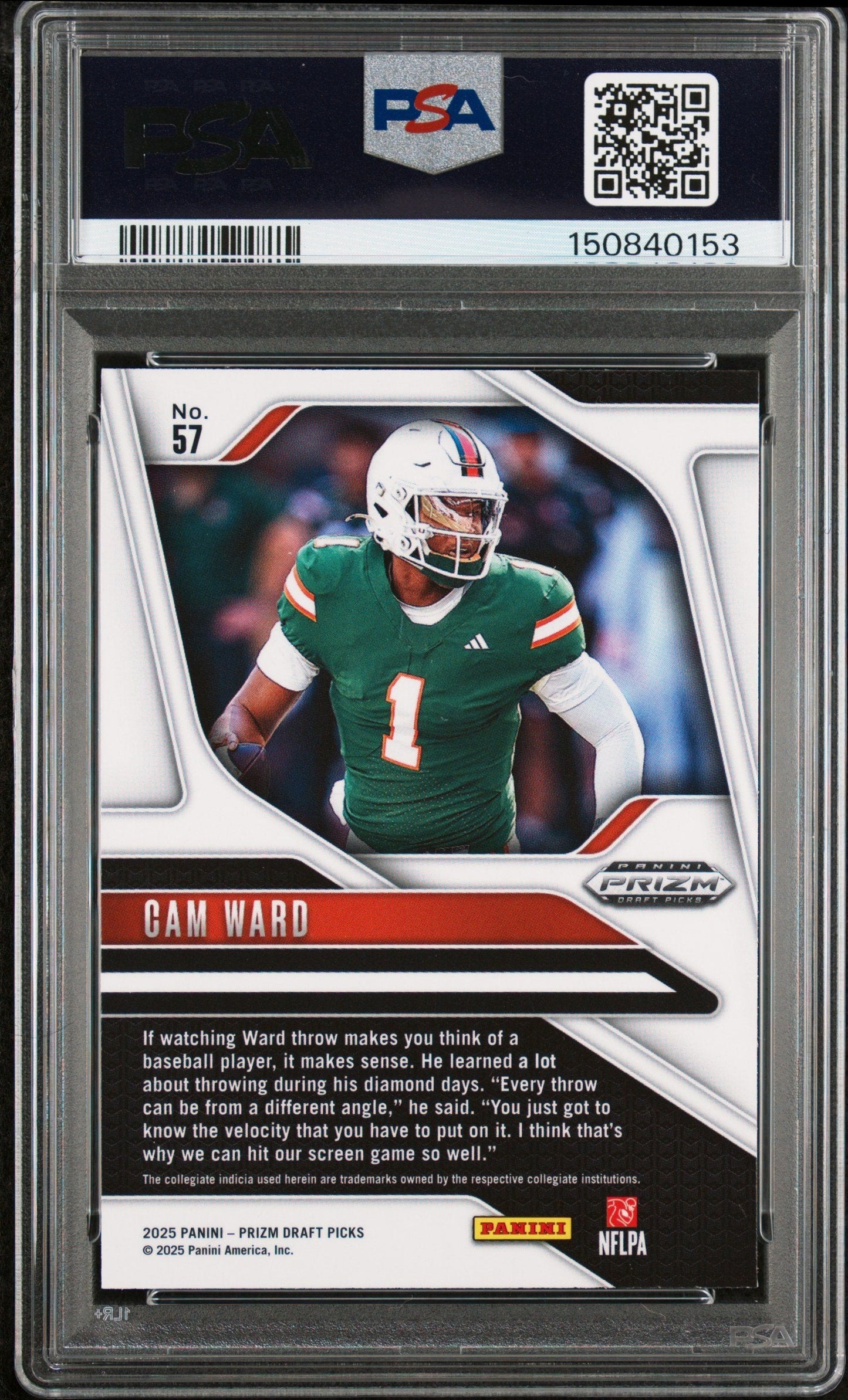 Graded 2025 Panini Prizm Draft Picks Cam Ward #57 Rookie RC Football Card PSA 9 Mint