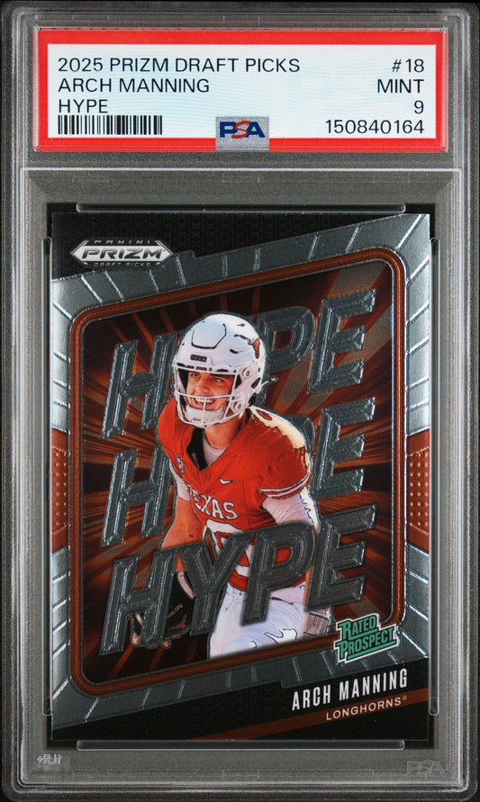 Graded 2025 Panini Prizm Draft Picks Arch Manning #18 Hype Rookie RC Football Card PSA 9 Mint