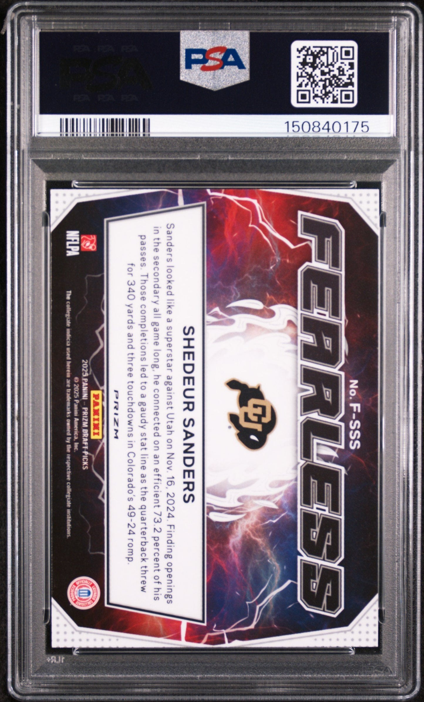 Graded 2025 Panini Prizm Draft Picks Shedeur Sanders #FSSS Fearless Green Rookie RC Football Card PSA 8 Near Mint