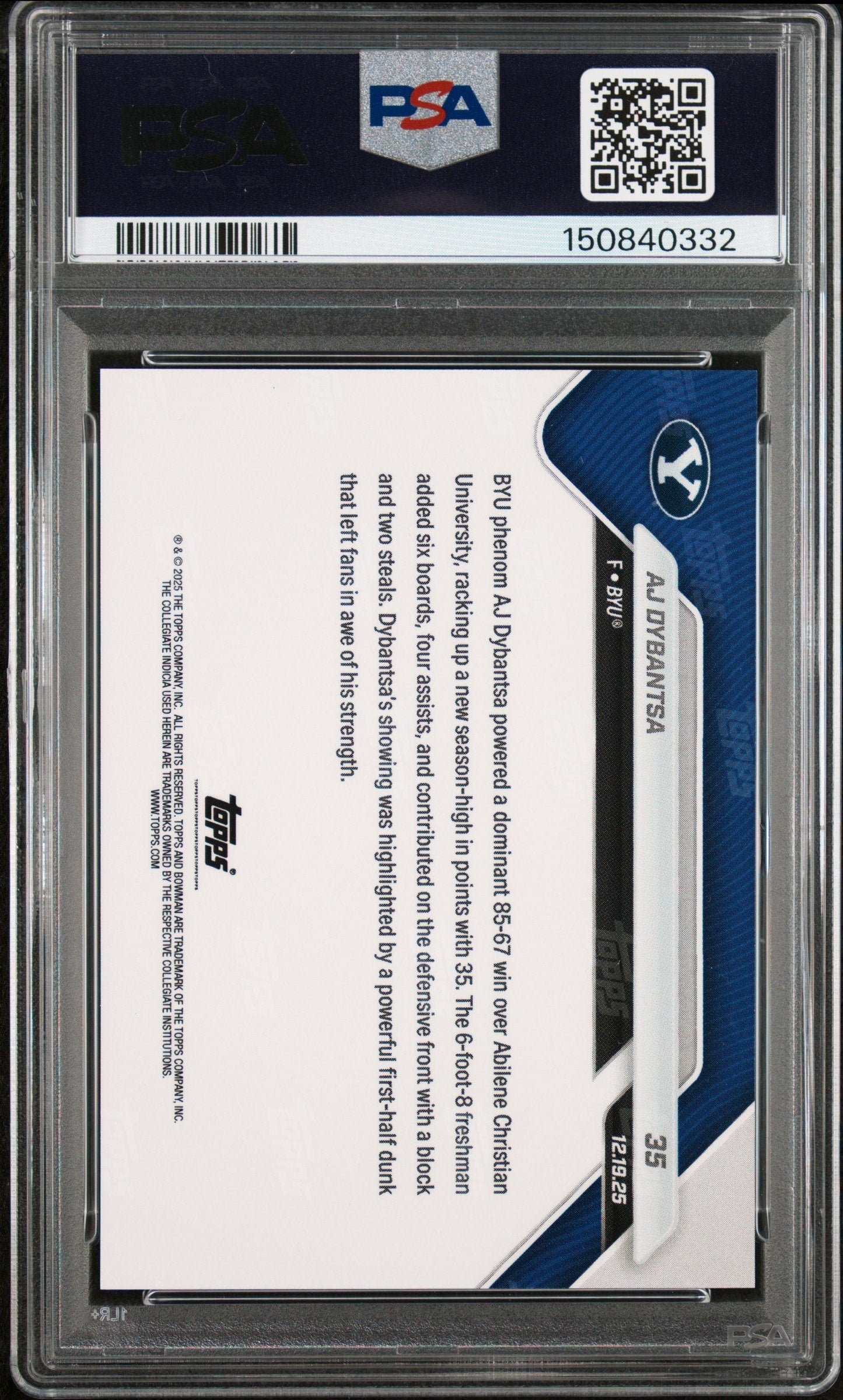 Graded 2025 Topps Bowman U Now AJ Dybantsa #35 Rookie RC Basketball Card PSA 10 Gem Mint