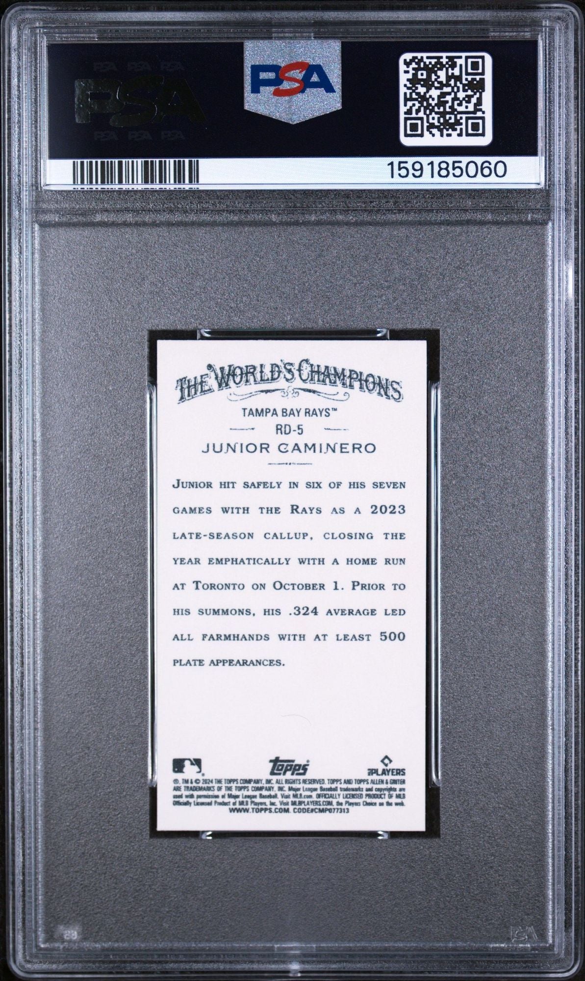 Graded 2024 Topps Allen & Ginter Junior Caminero #RD5 Rookie Design Variation Mini RC Baseball Card PSA 10 Gem Mint