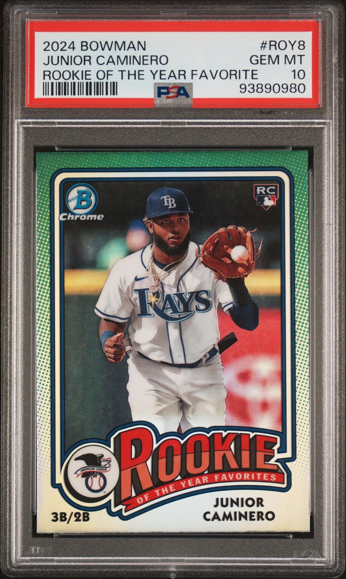Graded 2024 Topps Bowman Chrome Junior Caminero #ROY8 Rookie of the Year Favorite RC Baseball Card PSA 10 Gem Mint