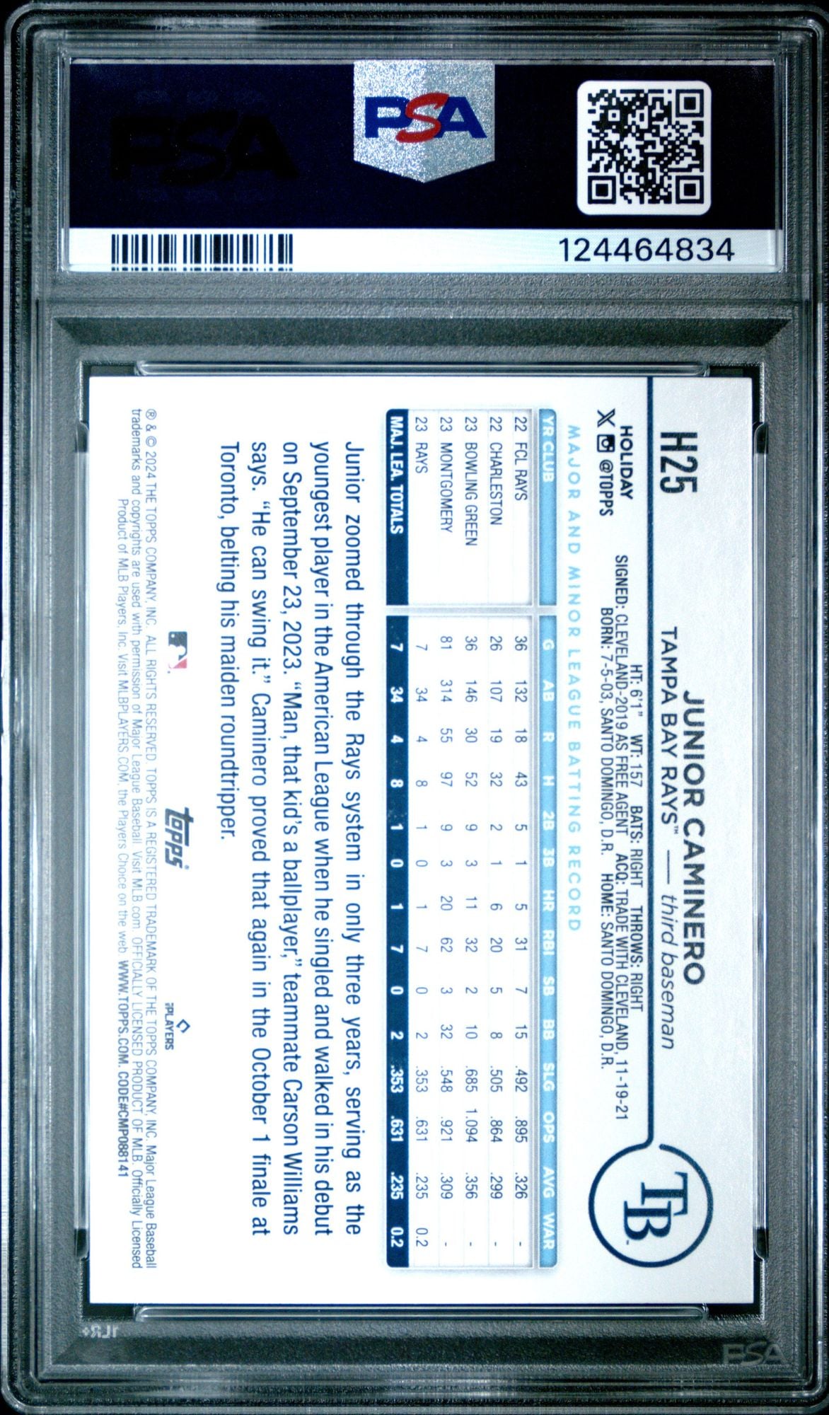 Graded 2024 Topps Holiday Junior Caminero #H25 Rookie RC Baseball Card PSA 10 Gem Mint