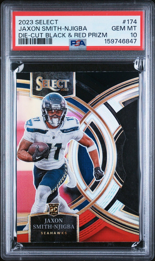 Graded 2023 Panini Select Jaxon Smith Njigba #174 Die-Cut Black & Red Prizm Rookie RC Football Card PSA 10 Gem Mint