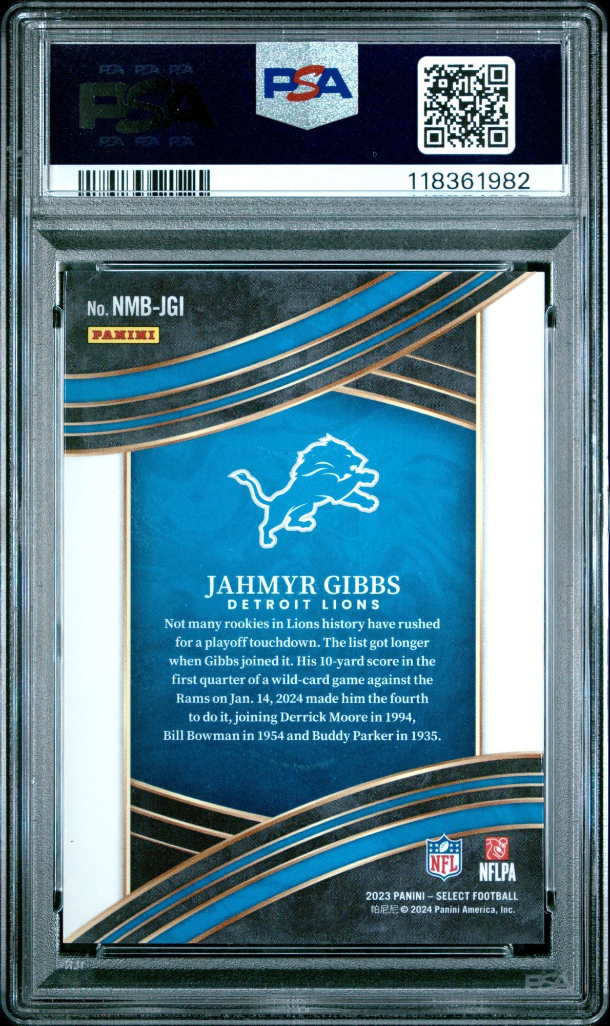 Graded 2023 Panini Select Jahmyr Gibbs #NMBJGI Numbers Rookie RC Football Card PSA 10 Gem Mint