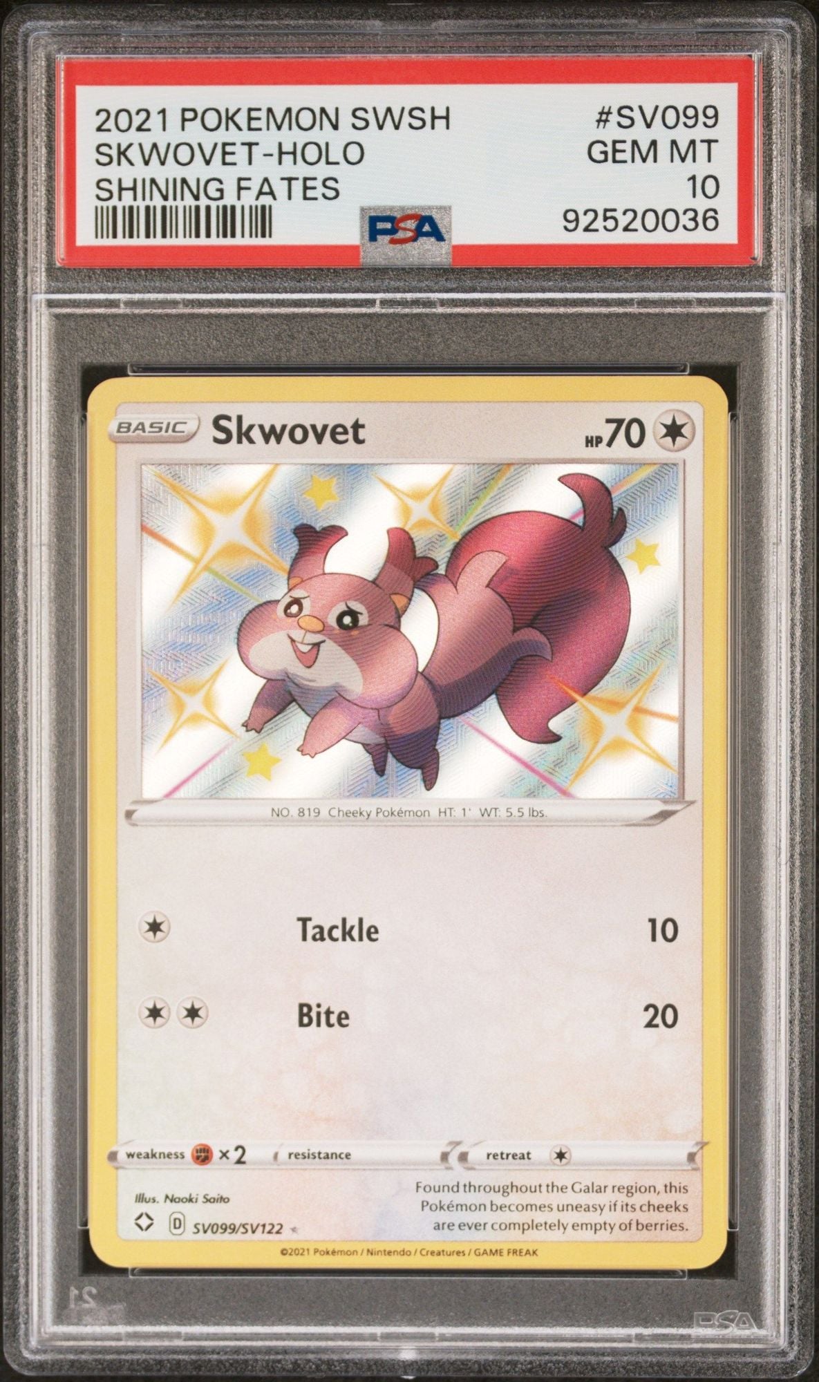 Graded 2021 Pokemon Shining Fates Skwovet #SV099 Holo SWSH Trading Card Game PSA 10 Gem Mint