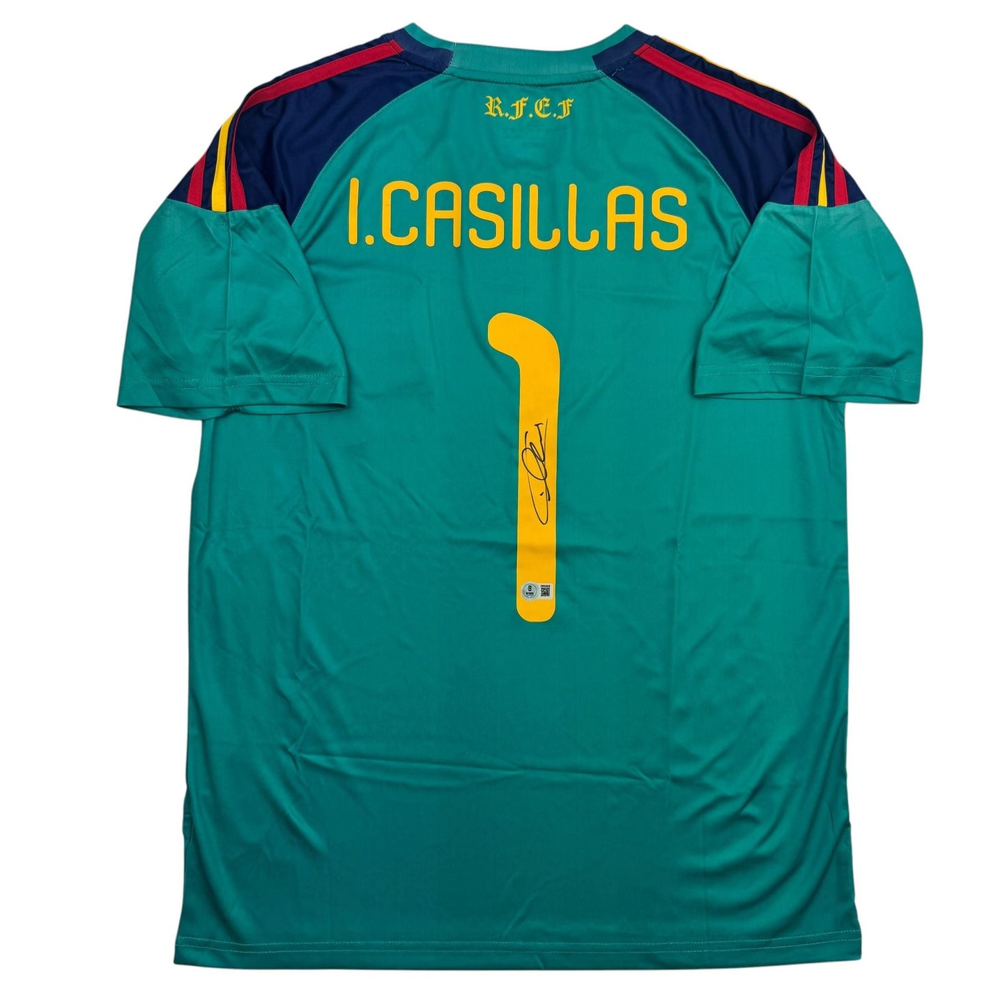 Autographed/Signed Iker Casillas Spain Teal Soccer Futbol Jersey Beckett BAS COA