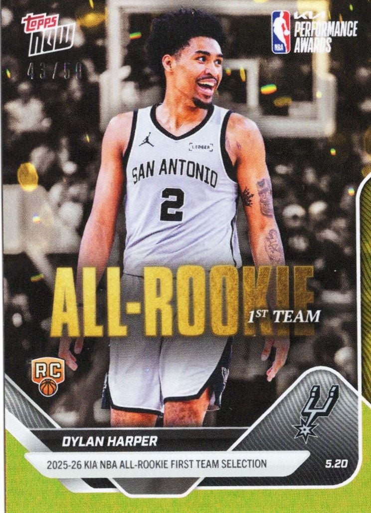 2025 Topps Now Dylan Harper #AR04 Gold Foil /50 2025-26 KIA NBA All Rookie First Team Selection San Antonio Spurs Rookie RC Basketball Card