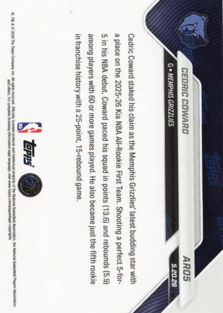2025 Topps Now Cedric Coward #AR05 Red Foil /5 2025-26 KIA NBA All Rookie First Team Selection Memphis Grizzlies Rookie RC Basketball Card