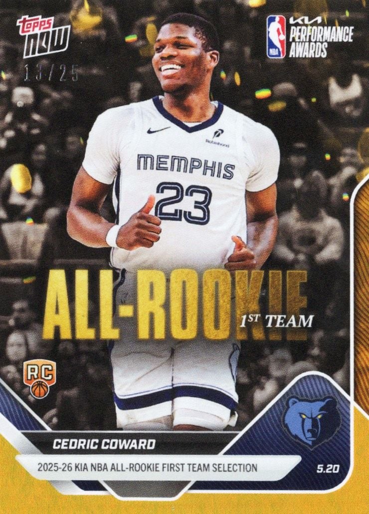 2025 Topps Now Cedric Coward #AR05 Orange Foil /25 2025-26 KIA NBA All Rookie First Team Selection Memphis Grizzlies Rookie RC Basketball Card