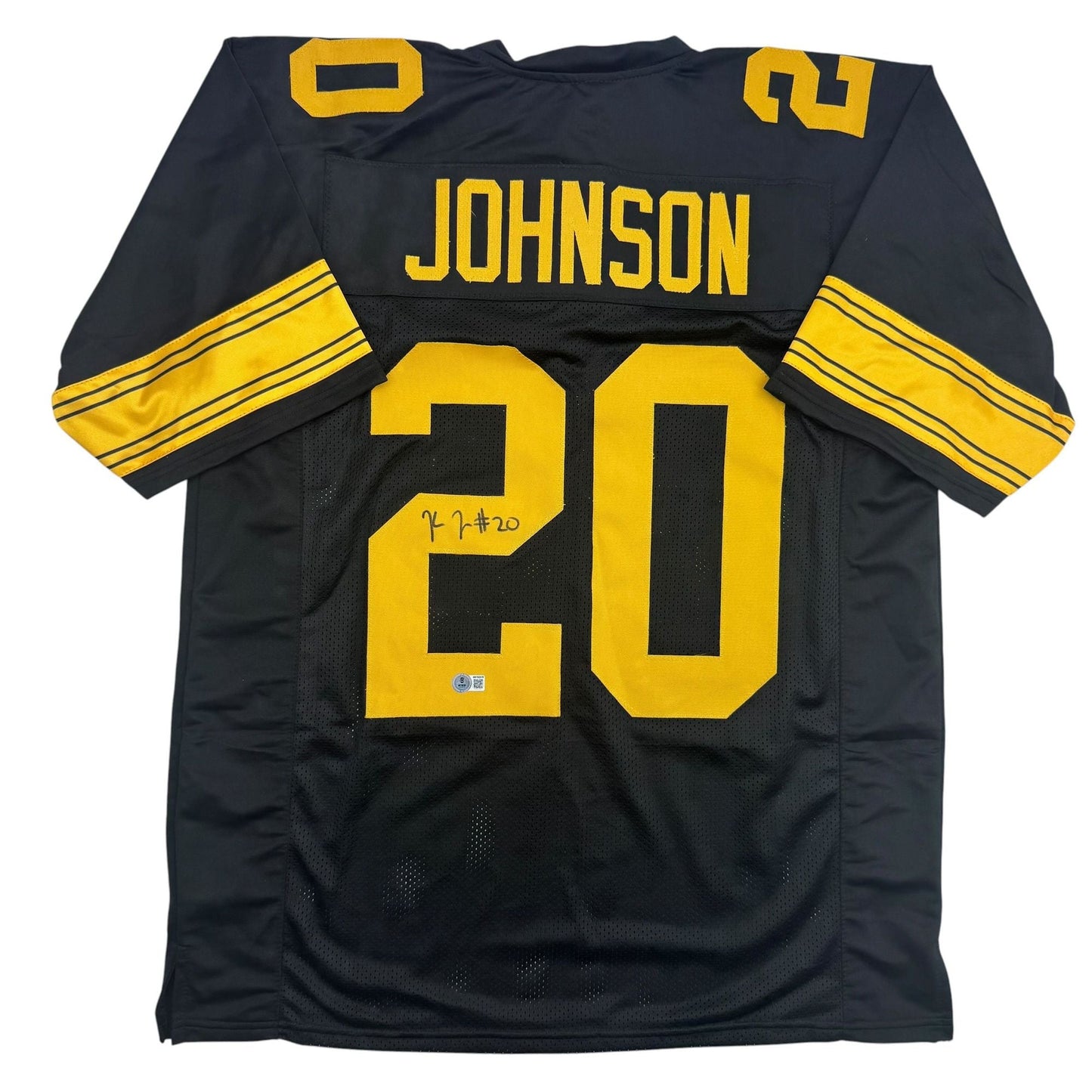 Autographed/Signed Kaleb Johnson Pittsburgh Black Color Rush Football Jersey Beckett BAS COA
