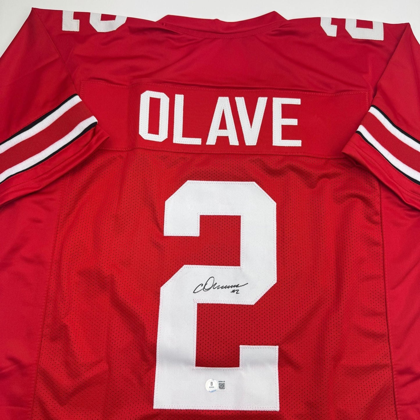 Autographed/Signed Chris Olave Ohio State Red College Football Jersey Beckett BAS COA