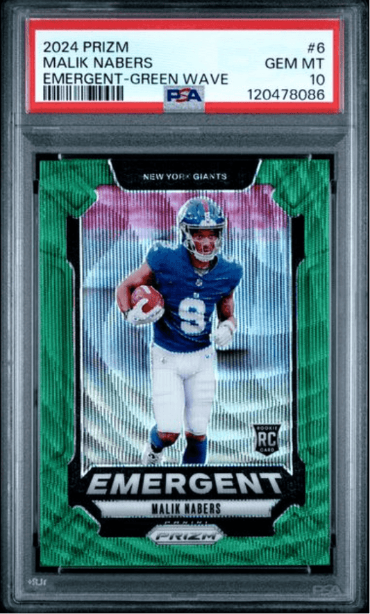 Graded 2024 Panini Prizm Malik Nabers #6 Emergent Green Wave Rookie RC Football Card PSA 10 Gem Mint