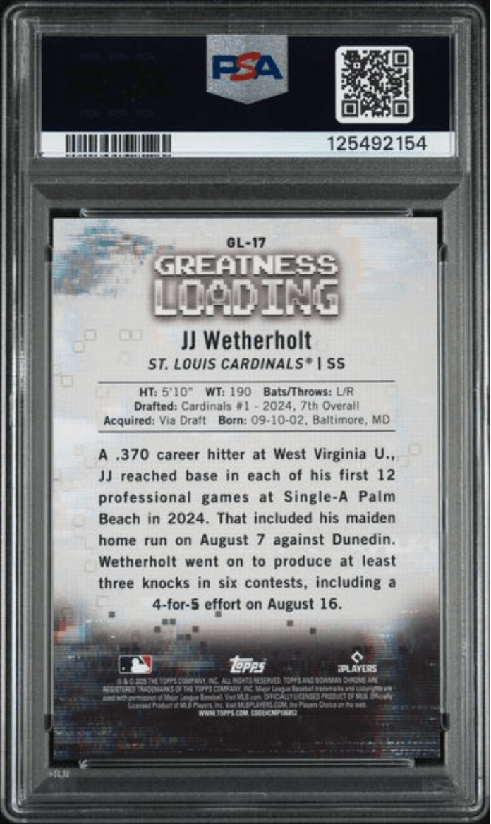 Graded 2025 Topps Bowman JJ Wetherholt #GL17 Greatness Loading Mini Diamond /150 Rookie RC Baseball Card PSA 10 Gem Mint