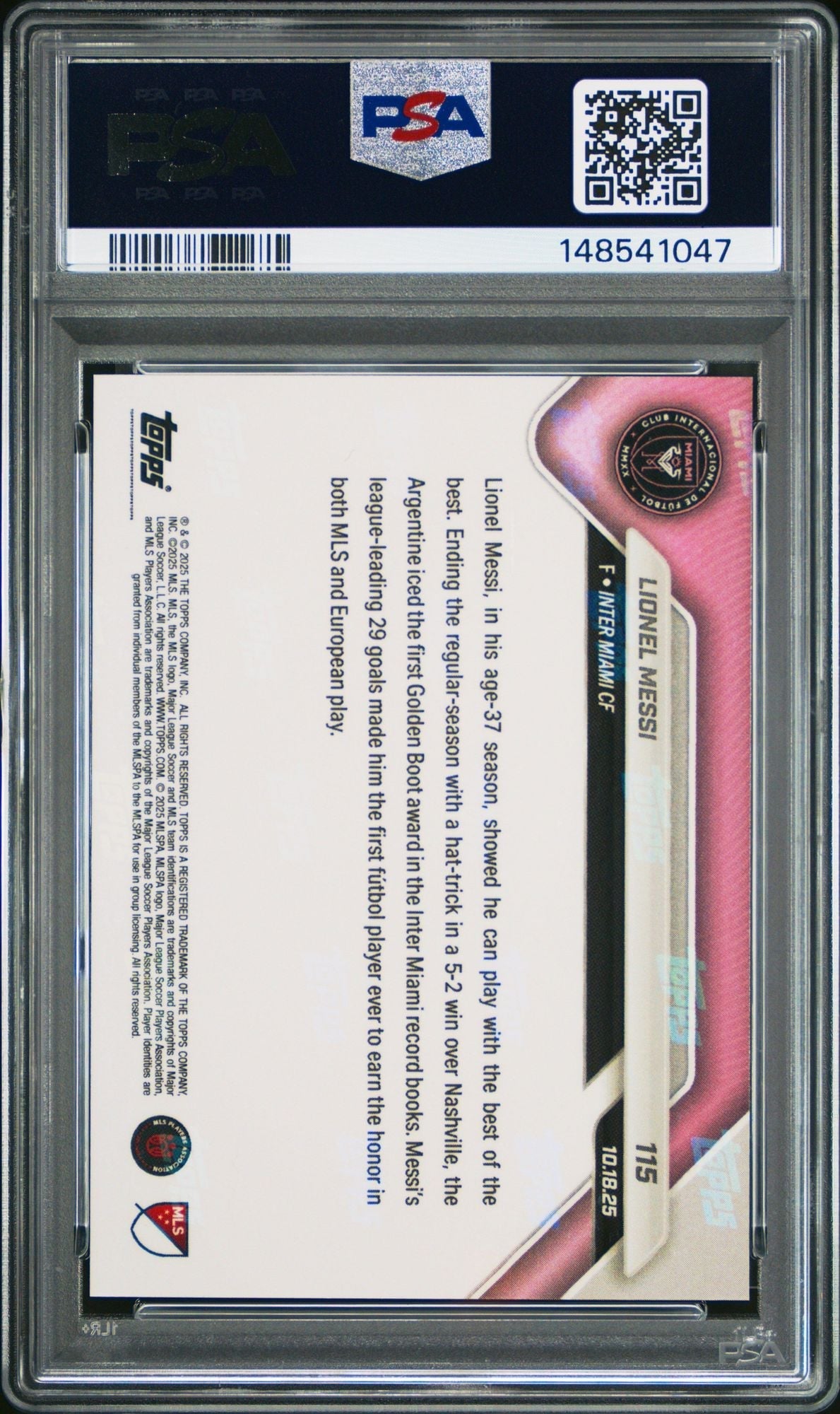 Graded 2025 Topps Now MLS Lionel Messi #115 Secures 1st Golden Boot Honor in Club History Soccer Card PSA 10 Gem Mint