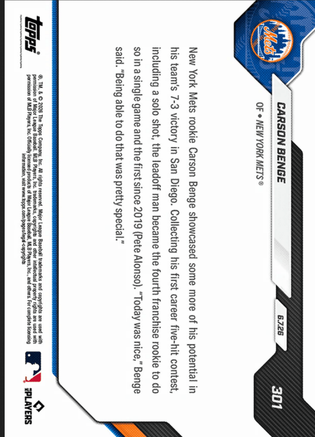 2026 Topps Now Carson Benge #301 Black Foil /10 1st Mets Rookie to Log 5 Hit Contest Since '19 New York Mets Rookie RC Baseball Card