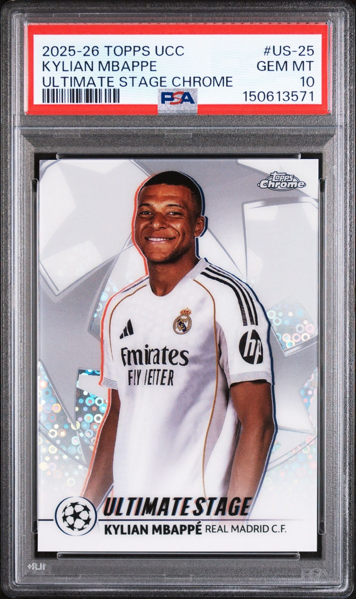 Graded 2025 Topps UCC Kylian Mbappe #US-25 Ultimate Stage Chrome Soccer Card PSA 10 Gem Mint