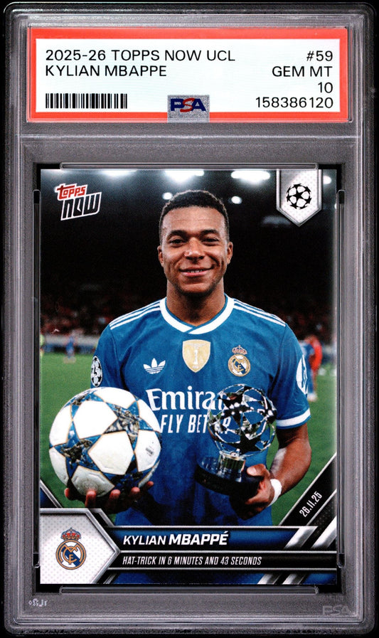 Graded 2025 Topps Now UCL Kylian Mbappe #59 UEFA Champions League Hat-Trick in 6 Minutes Soccer Card PSA 10 Gem Mint