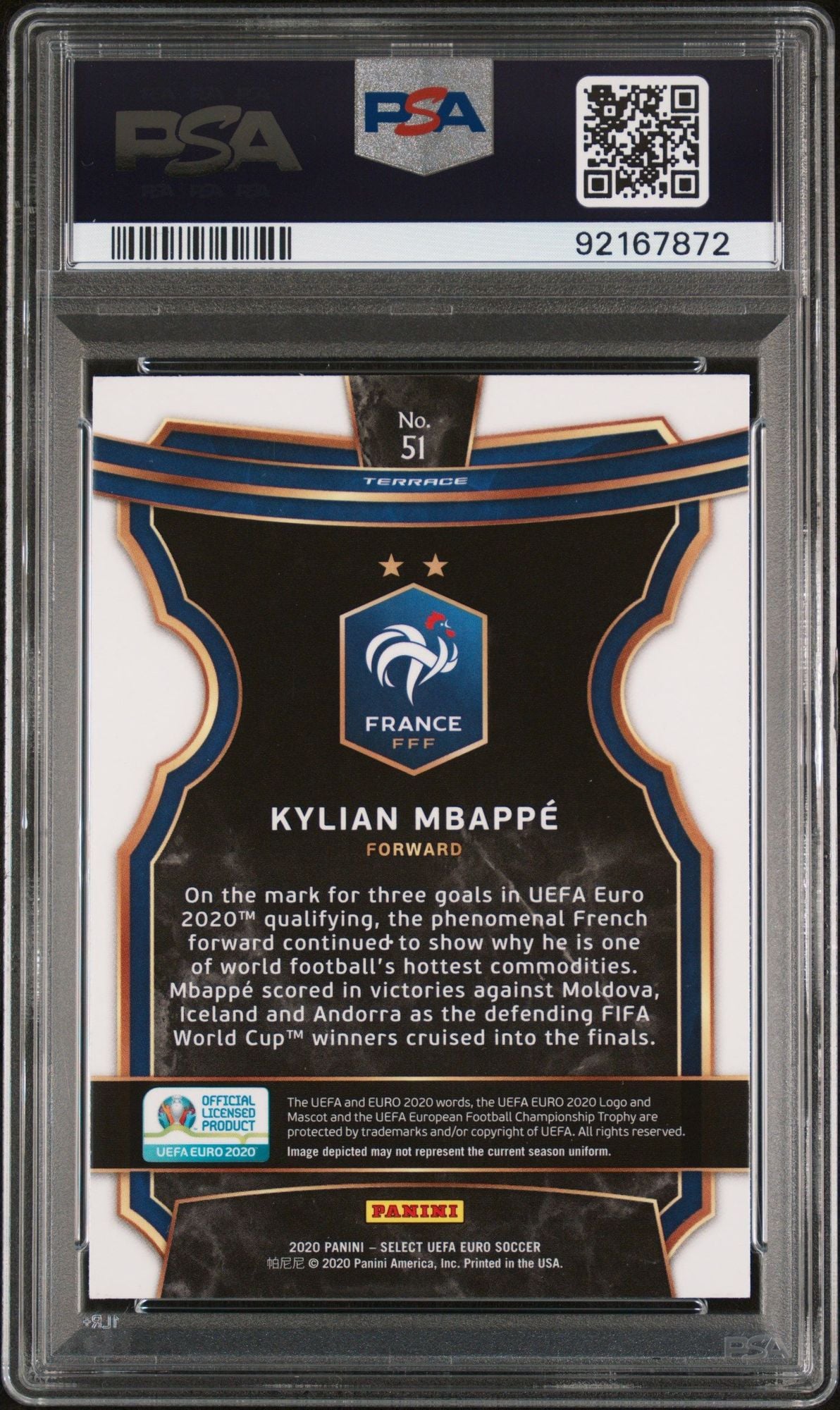 Graded 2020 Panini Select UEFA Euro Kylian Mbappe #51 Soccer Card PSA 10 Gem Mint