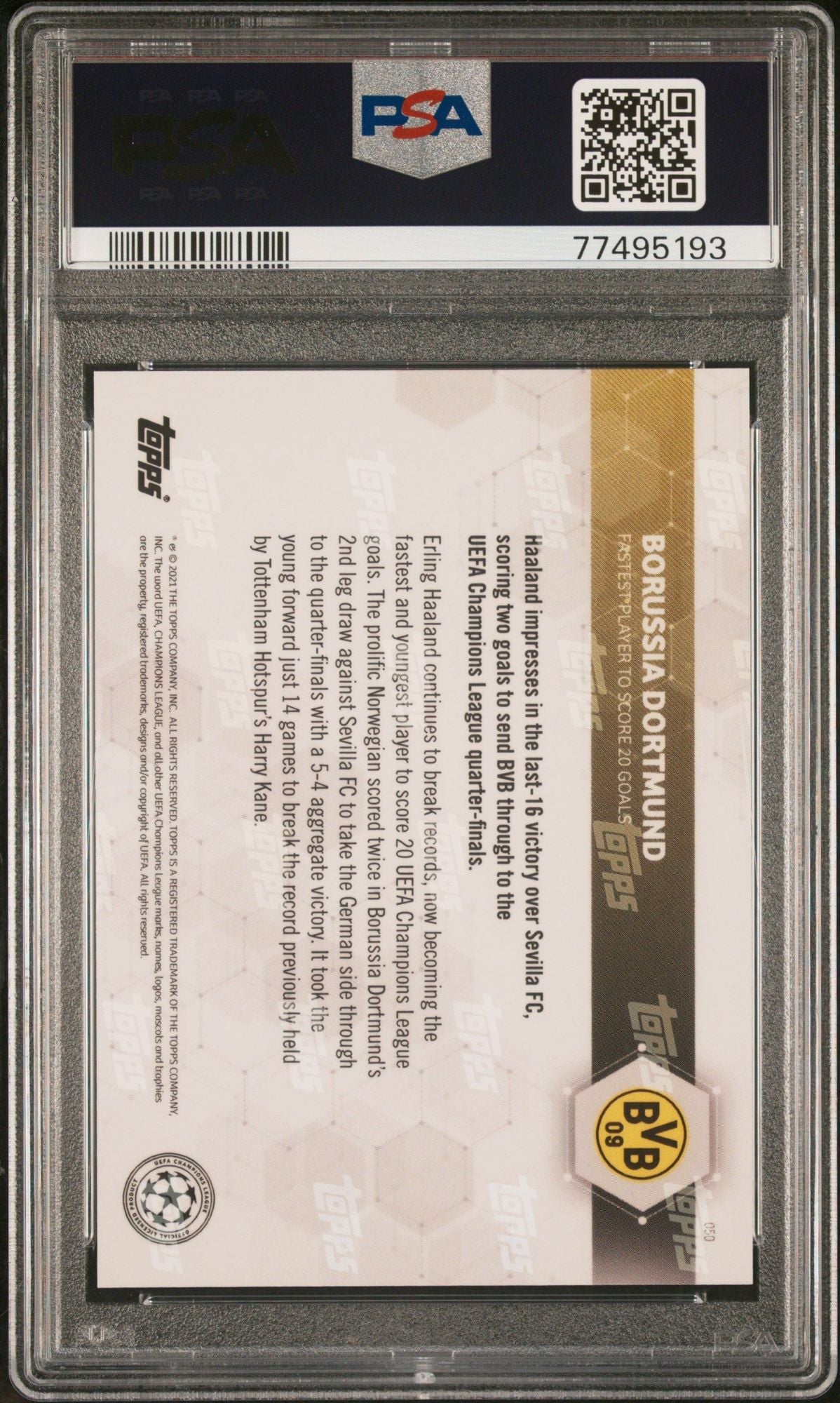 Graded 2020 Topps Now UCL Erling Haaland #050 UEFA Champions League Fastest Player to 20 Goals Soccer Card PSA 10 Gem Mint