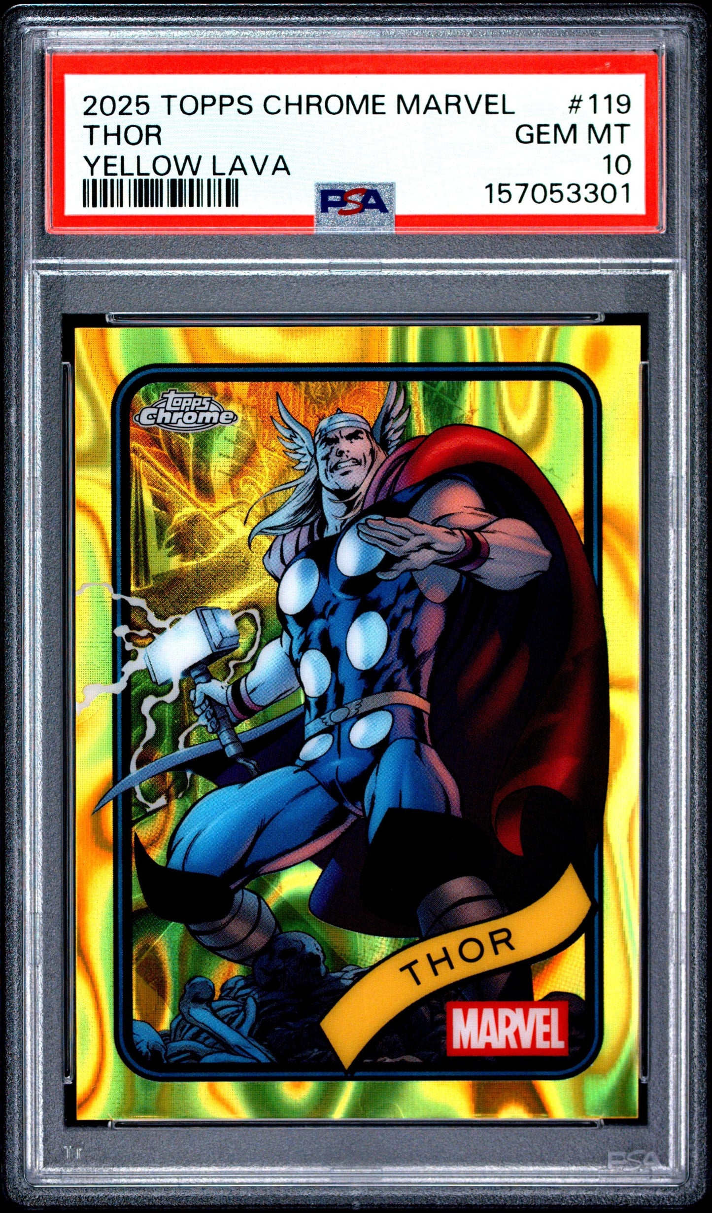 Graded 2025 Topps Chrome Marvel Thor #119 Yellow Lava Trading Card PSA 10 Gem Mint