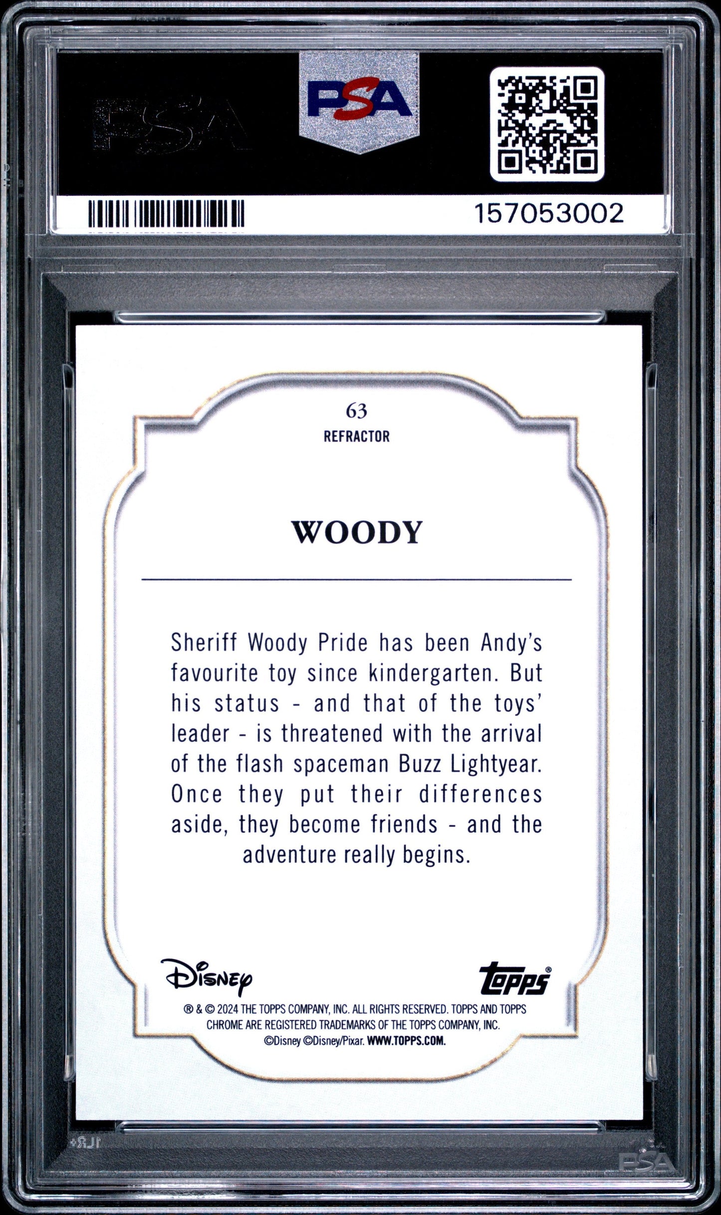 Graded 2024 Topps Chrome Disney Woody #63 Refractor Toy Story Trading Card PSA 10 Gem Mint
