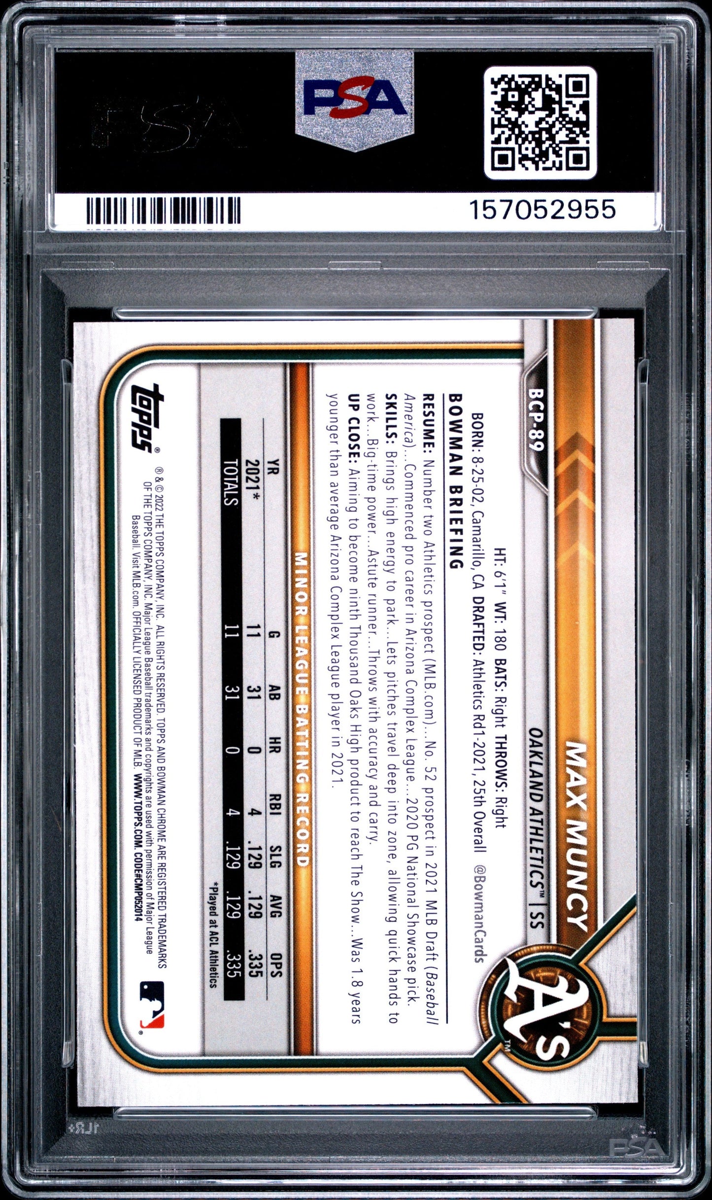 Graded 2022 Bowman Max Muncy #BCP-89 Mega Box Chrome Prospects Rookie RC Baseball Card PSA 10 Gem Mint