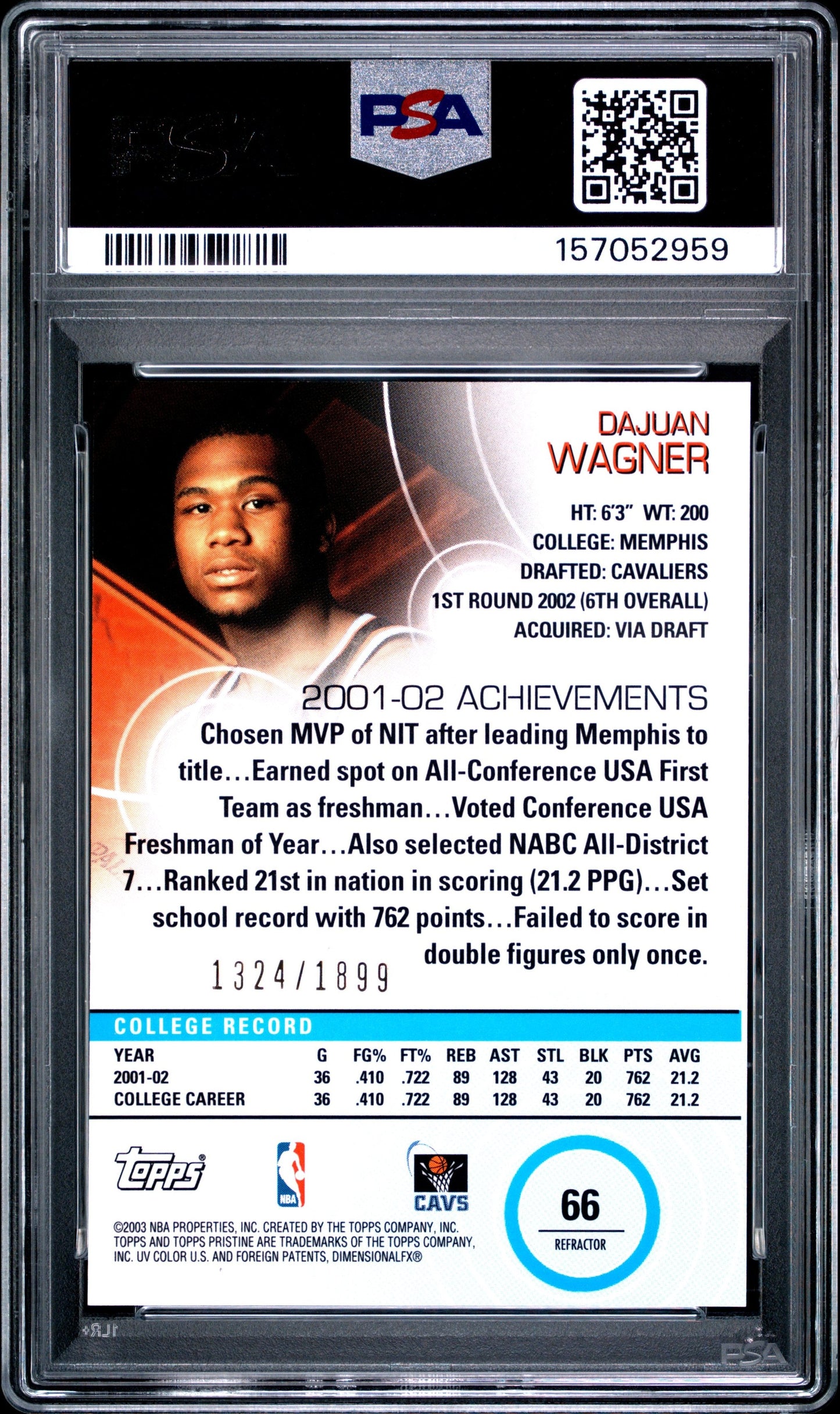 Graded 2002 Topps Pristine Dajuan Wagner #66 Refractors Rookie RC Basketball Card PSA 10 Gem Mint