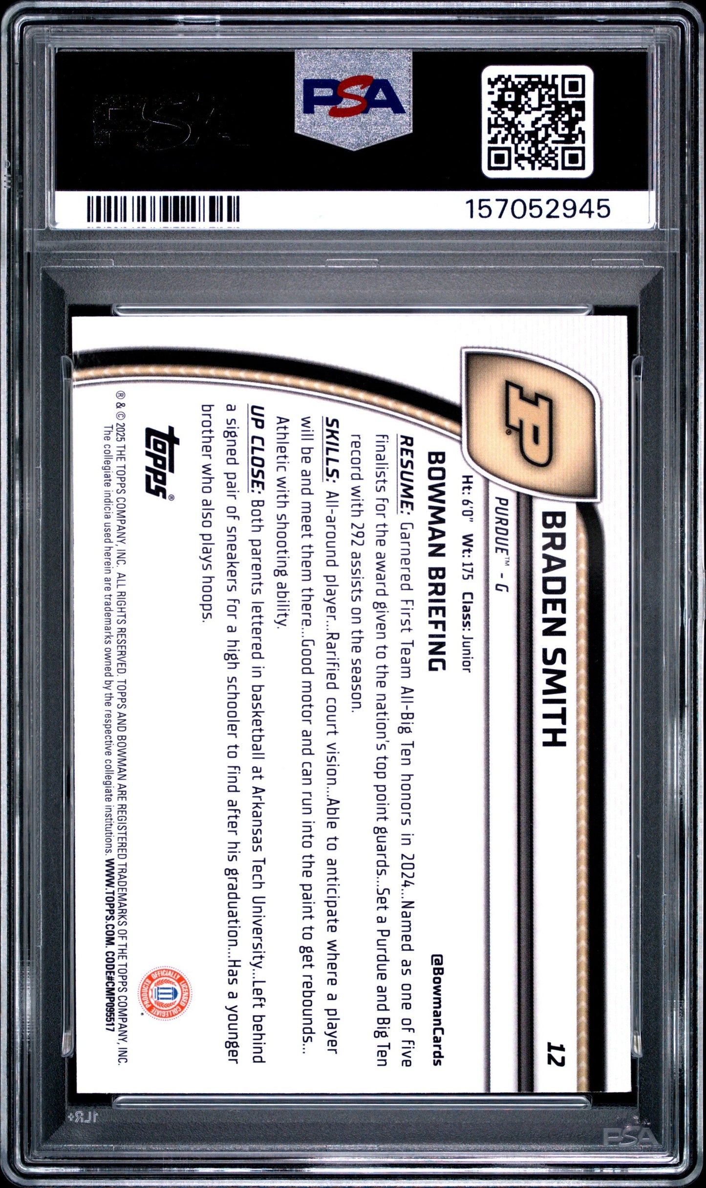 Graded 2024 Bowman University Chrome Braden Smith #12 Purple Lava Refractor Rookie RC Basketball Card PSA 10 Gem Mint