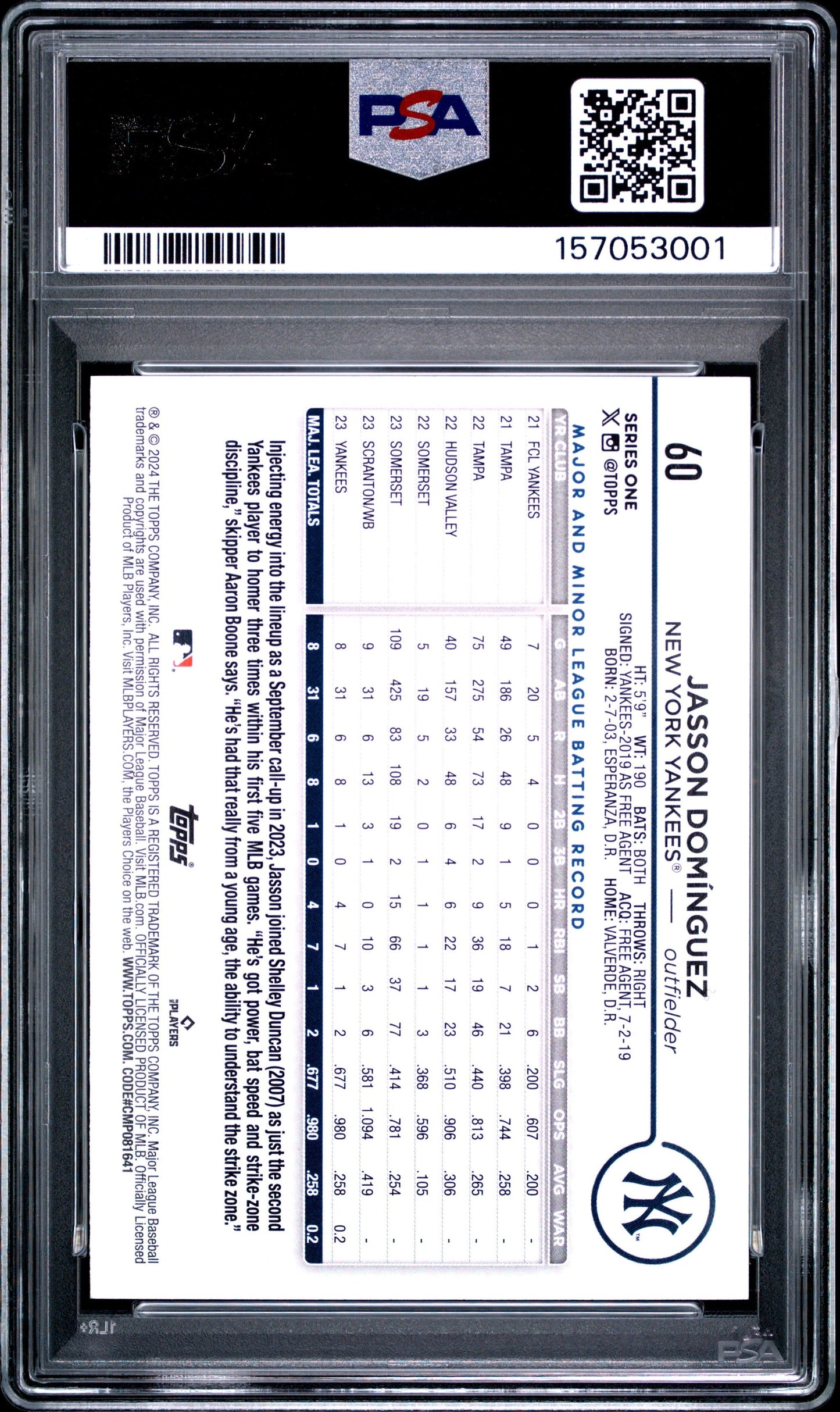 Graded 2024 Topps Jasson Dominguez #60 Holiday Rookie RC Baseball Card PSA 9 Mint
