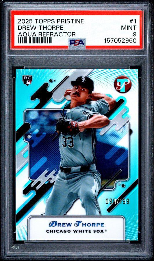 Graded 2025 Topps Pristine Drew Thorpe #1 Aqua Refractor /199 Rookie RC Baseball Card PSA 9 Mint