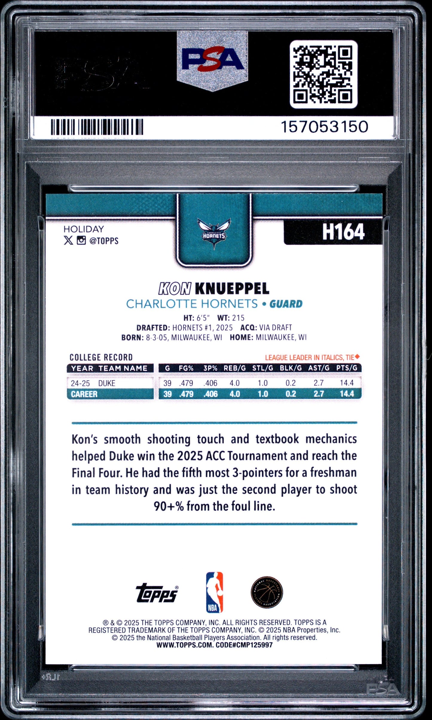 Graded 2025 Topps Holiday Kon Knueppel #H164 Rookie RC Basketball Card PSA 9 Mint