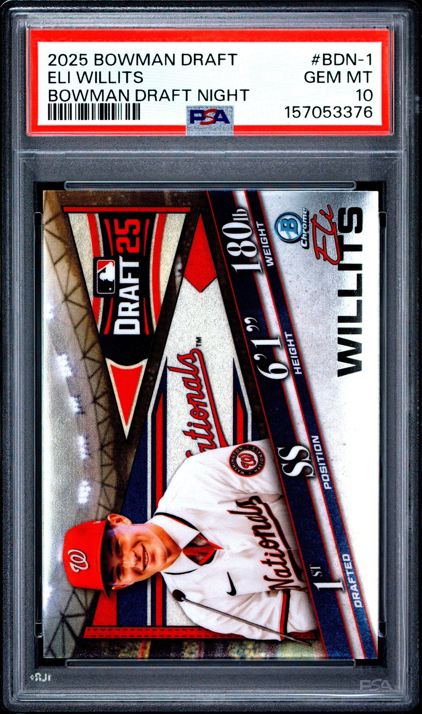 Graded 2025 Topps Bowman Draft Eli Willits #BDN1 Draft Night Rookie RC Baseball Card PSA 10 Gem Mint