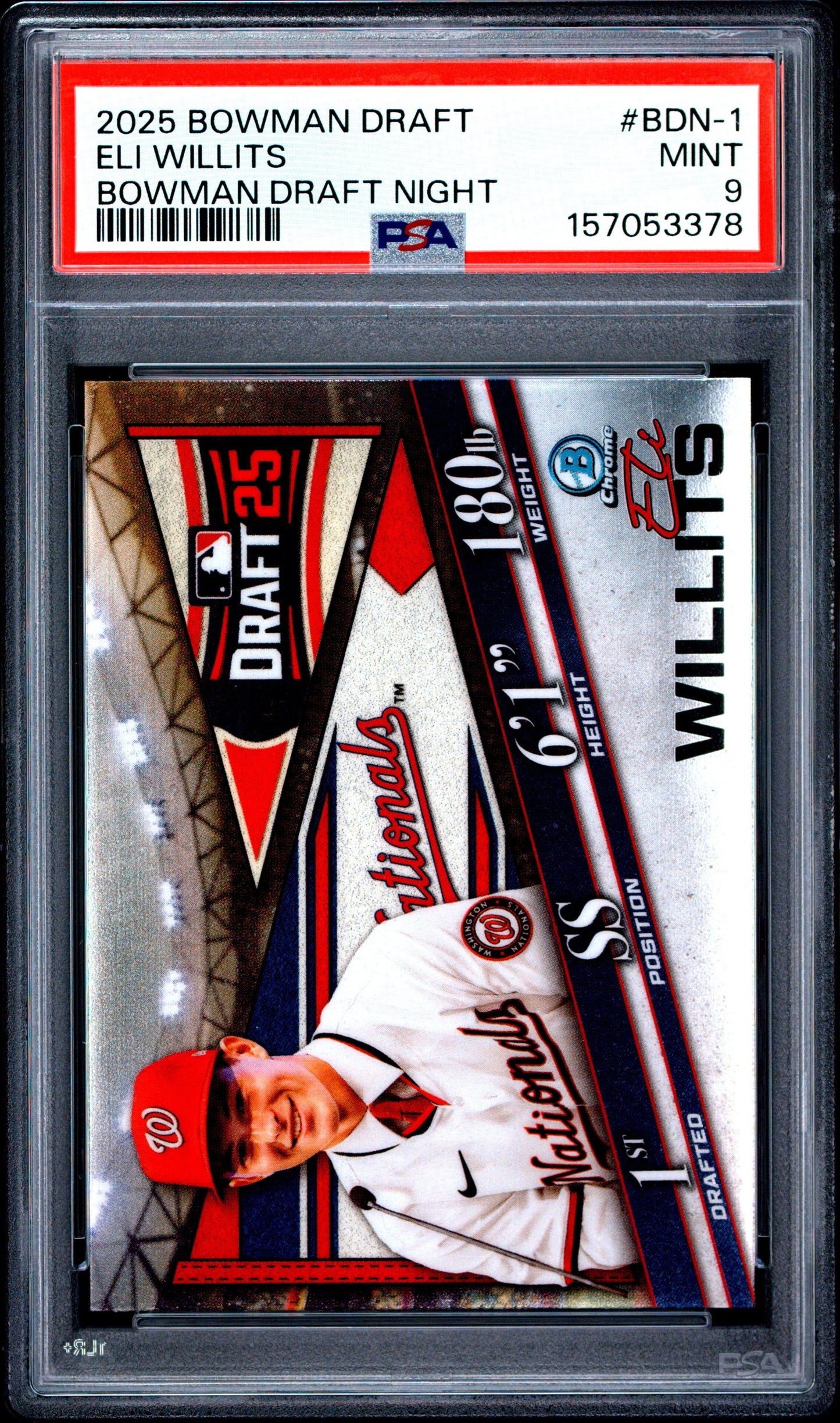 Graded 2025 Topps Bowman Draft Eli Willits #BDN1 Draft Night Rookie RC Baseball Card PSA 9 Mint