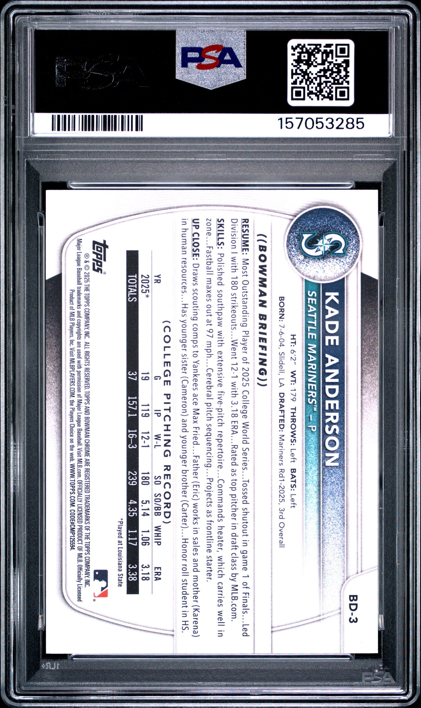 Graded 2025 Topps Bowman Draft Kade Anderson #BD3 Rookie RC Baseball Card PSA 10 Gem Mint