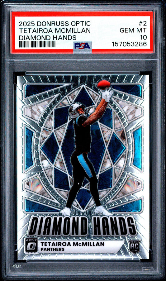 Graded 2025 Panini Donruss Optic Tetairoa McMillan #2 Diamond Hands Rookie RC Football Card PSA 10 Gem Mint