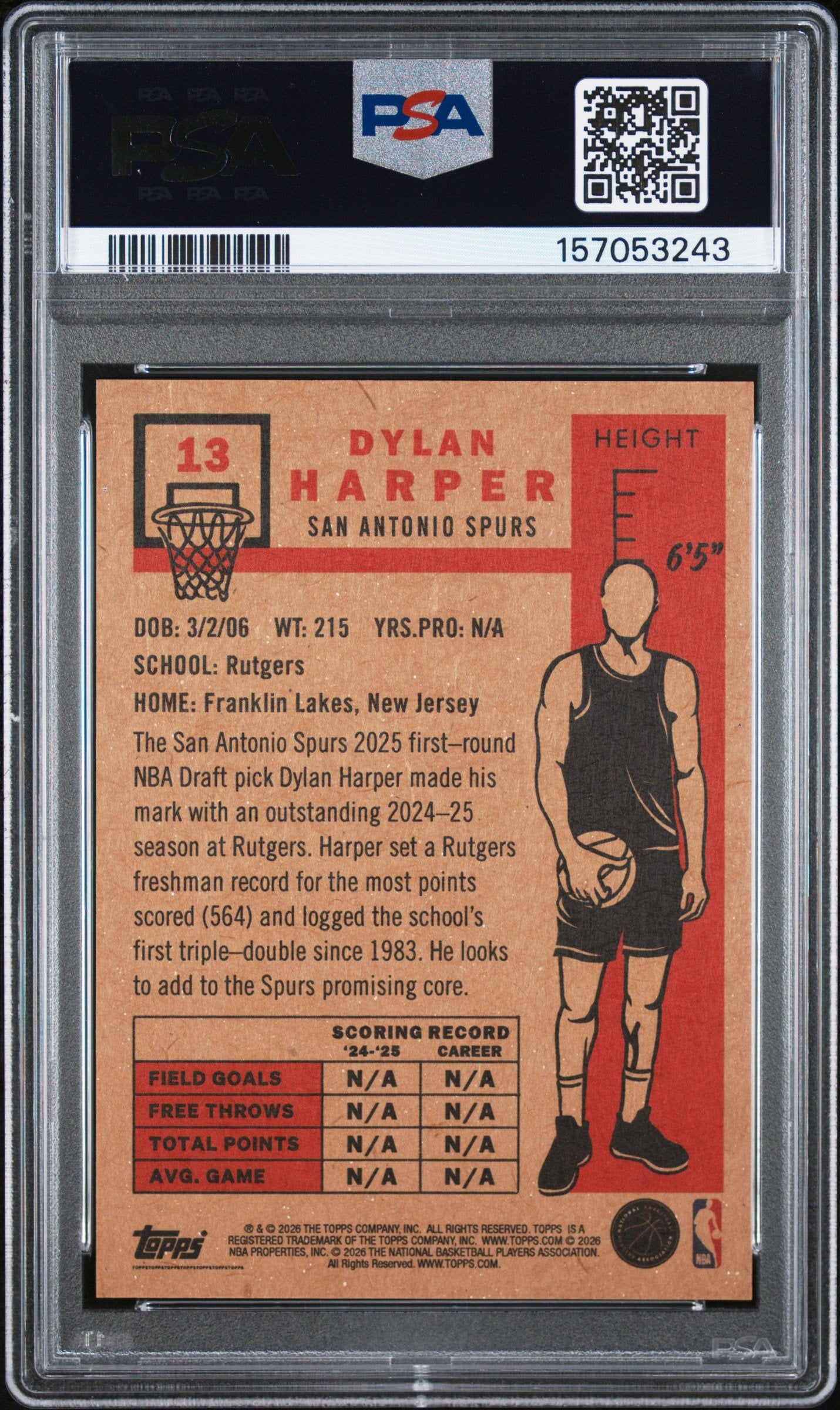 Graded 2026 Topps Living Dylan Harper #13 Rookie RC Basketball Card PSA 10 Gem Mint