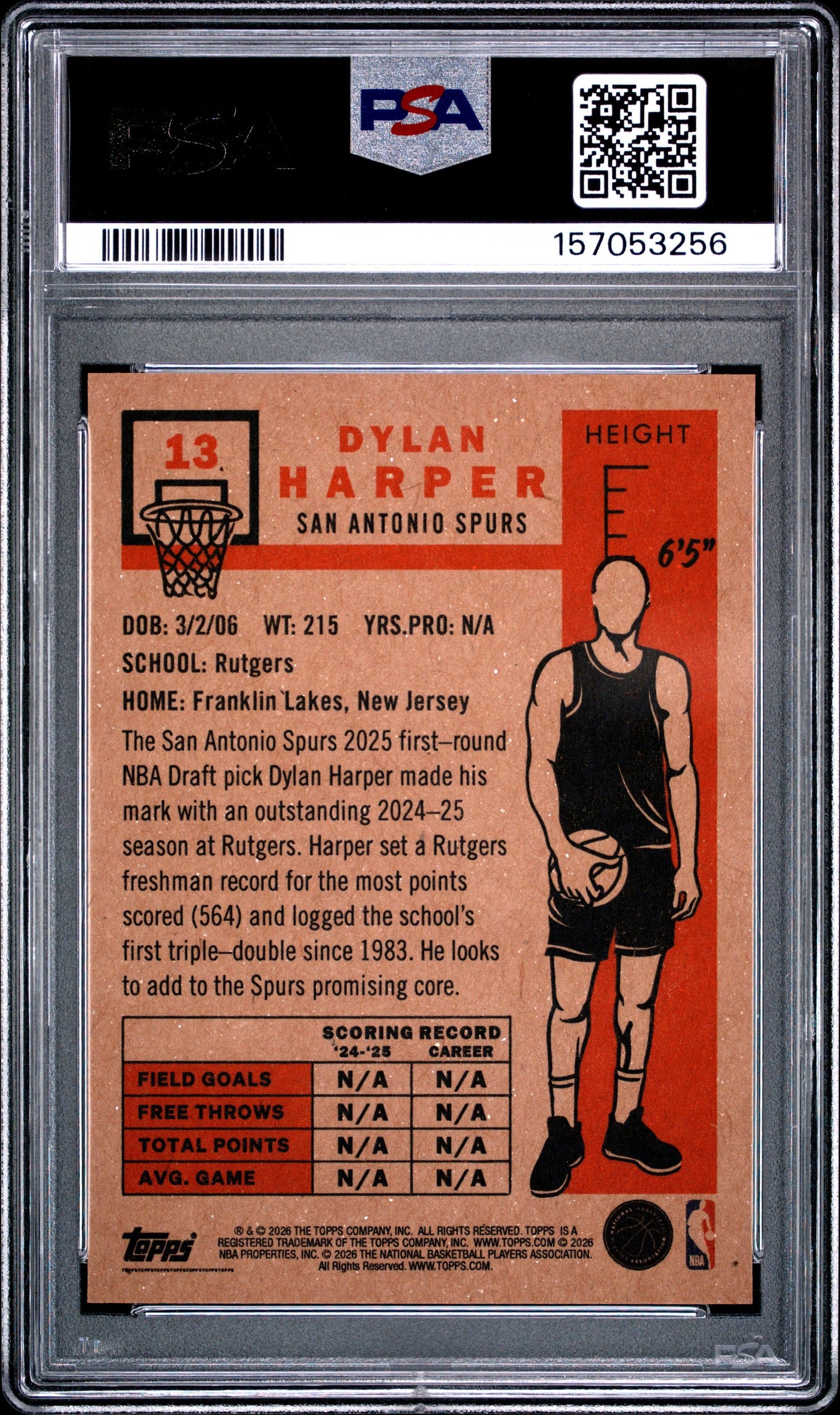 Graded 2026 Topps Living Dylan Harper #13 Rookie RC Basketball Card PSA 9 Mint