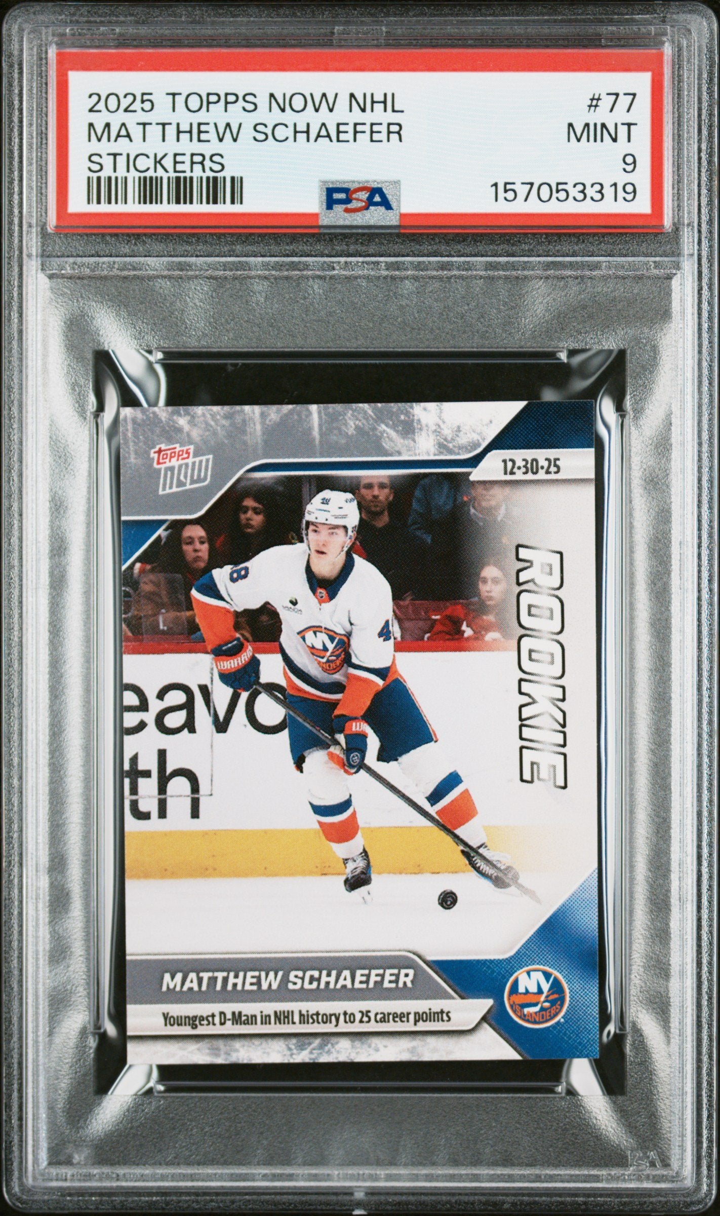 Graded 2025 Topps Now Matthew Schaefer #77 Rookie RC Hockey Card PSA 9 Mint