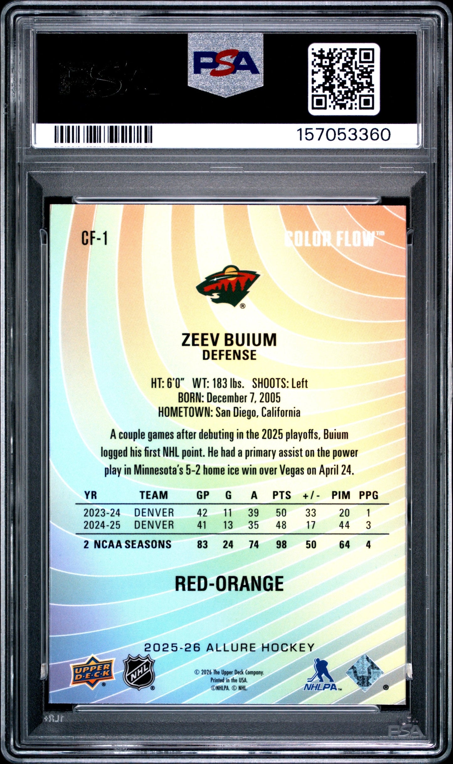 Graded 2025 Upper Deck Allure Zeev Buium #CF1 Color Flow Red-Orange Rookie RC Hockey Card PSA 10 Gem Mint