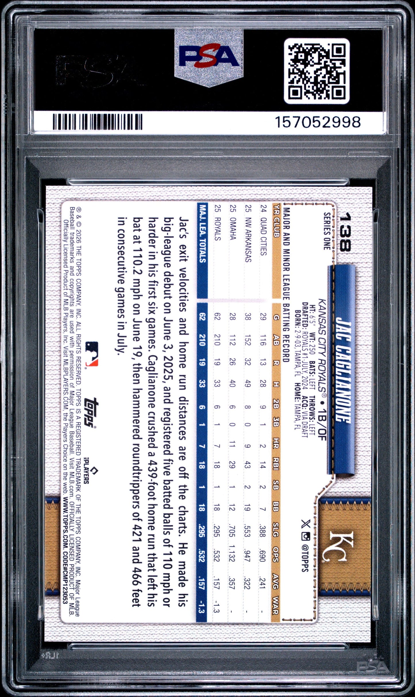Graded 2026 Topps Jac Caglianone #138 Rookie RC Baseball Card PSA 10 Gem Mint