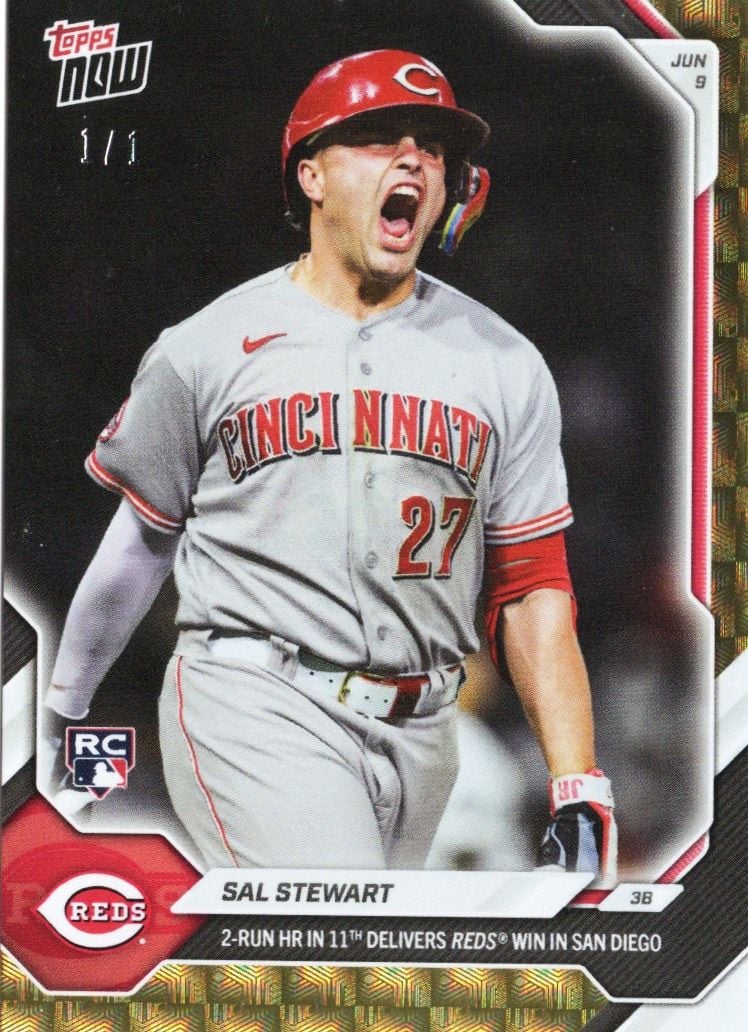 2026 Topps Now Sal Stewart #309 Foilfractor 1/1 2nd Home Run in 11th Delivers Reds Win in San Diego Cincinnati Reds Rookie RC Baseball Card