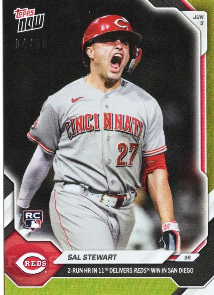 2026 Topps Now Sal Stewart #309 Gold Foil /50 2nd Home Run in 11th Delivers Reds Win in San Diego Cincinnati Reds Rookie RC Baseball Card
