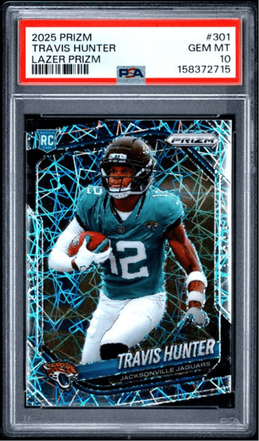 Graded 2025 Panini Prizm Travis Hunter #301 Lazer Prizm Rookie RC Football Card PSA 10 Gem Mint