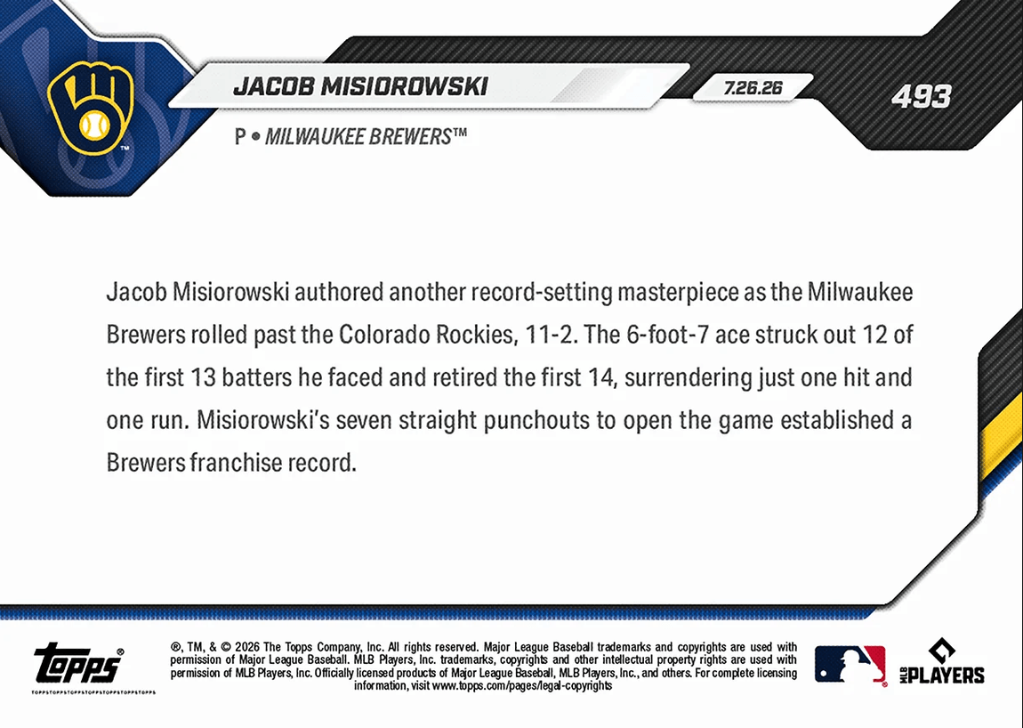 2026 Topps Now Jacob Misiorowski #493 7 Straight Ks to Open Game Sets Brewers Record Milwaukee Brewers Rookie RC Baseball Card