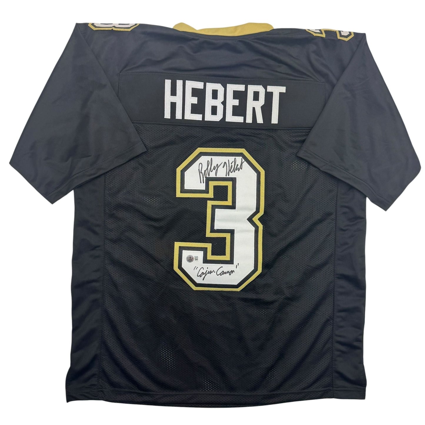 Autographed/Signed Bobby Hebert Cajun Cannon New Orleans Black Football Jersey Beckett BAS COA