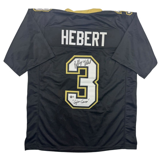 Autographed/Signed Bobby Hebert Cajun Cannon New Orleans Black Football Jersey Beckett BAS COA