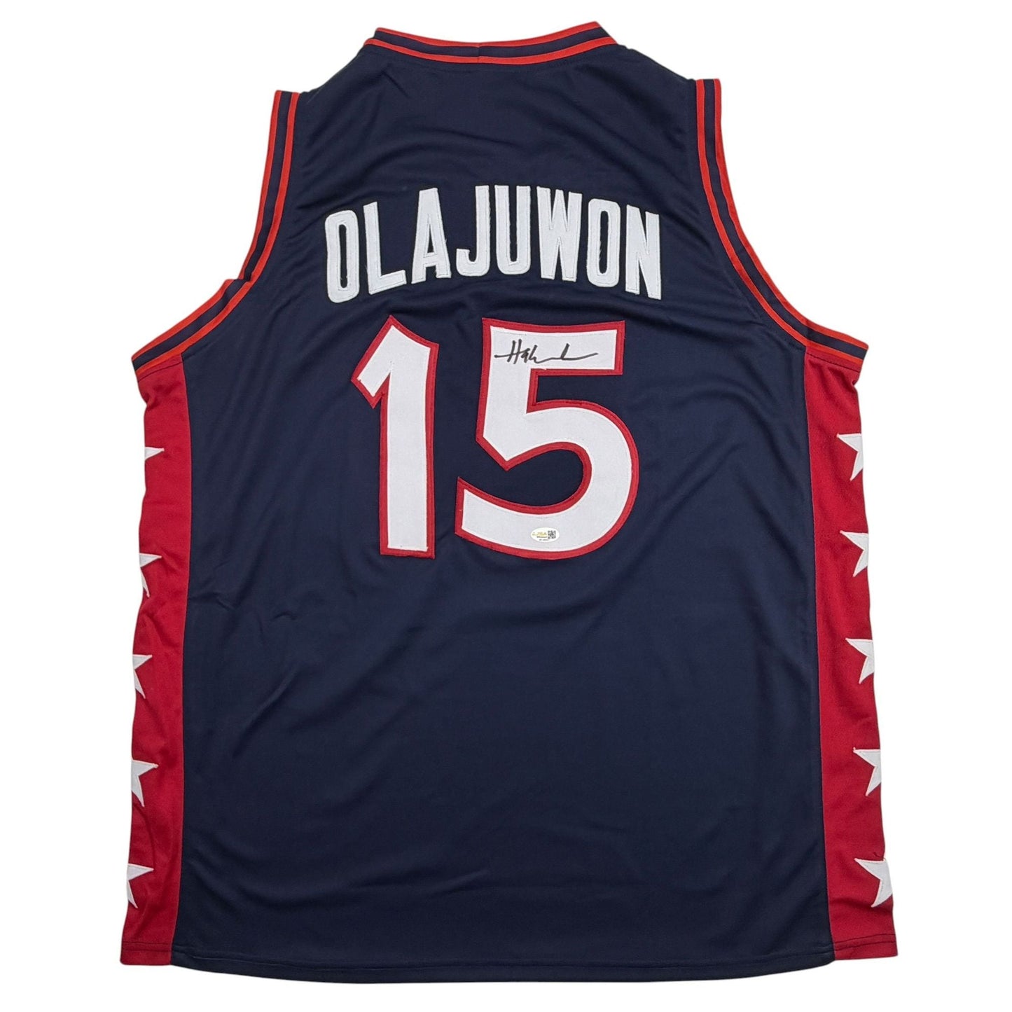 Autographed/Signed Hakeem Olajuwon United States USA Olympics Blue Basketball Jersey JSA COA