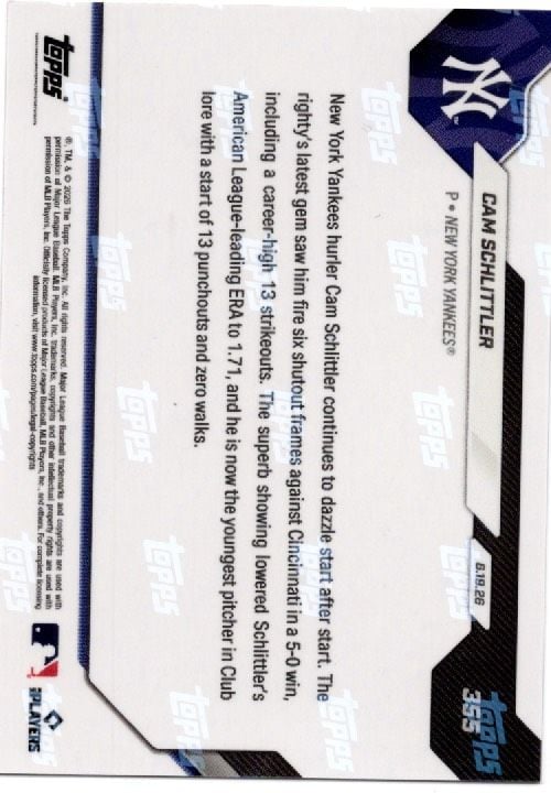 2026 Topps Now Cam Schlittler #355 Orange Foil /25 Career Best 13K Start Makes Yankees History New York Yankees Rookie RC Baseball Card