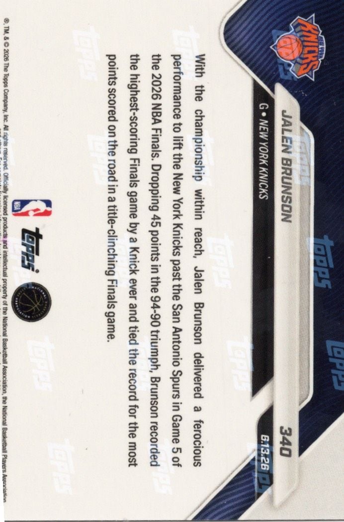2025 Topps Now Jalen Brunson #340 Gold Foil /50 45 Point Masterpiece Earns 1st Career NBA Title New York Knicks Basketball Card